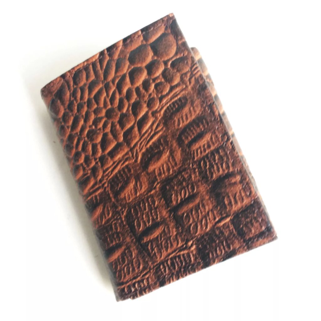 Nwt Brown Genuine Leather Trifold Wallet Crocodile Skin Pattern 2425